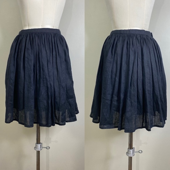 100% LINEN GATHERED SKIRT SNAP CLOSURE ONE POCKET LIGHT BLACK/DARK GREY - Picture 1 of 10